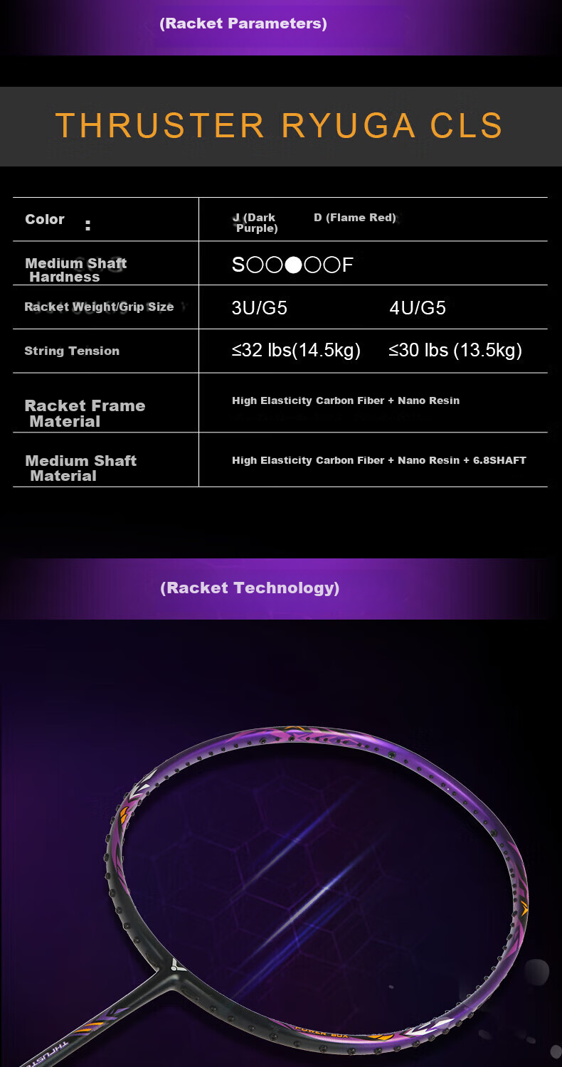 Бадминтонная ракетка VICTOR Dragon Tooth TK-RYUGA CLS/J, полнокарбоновая, атакующего типа, 4U, преднатянутая