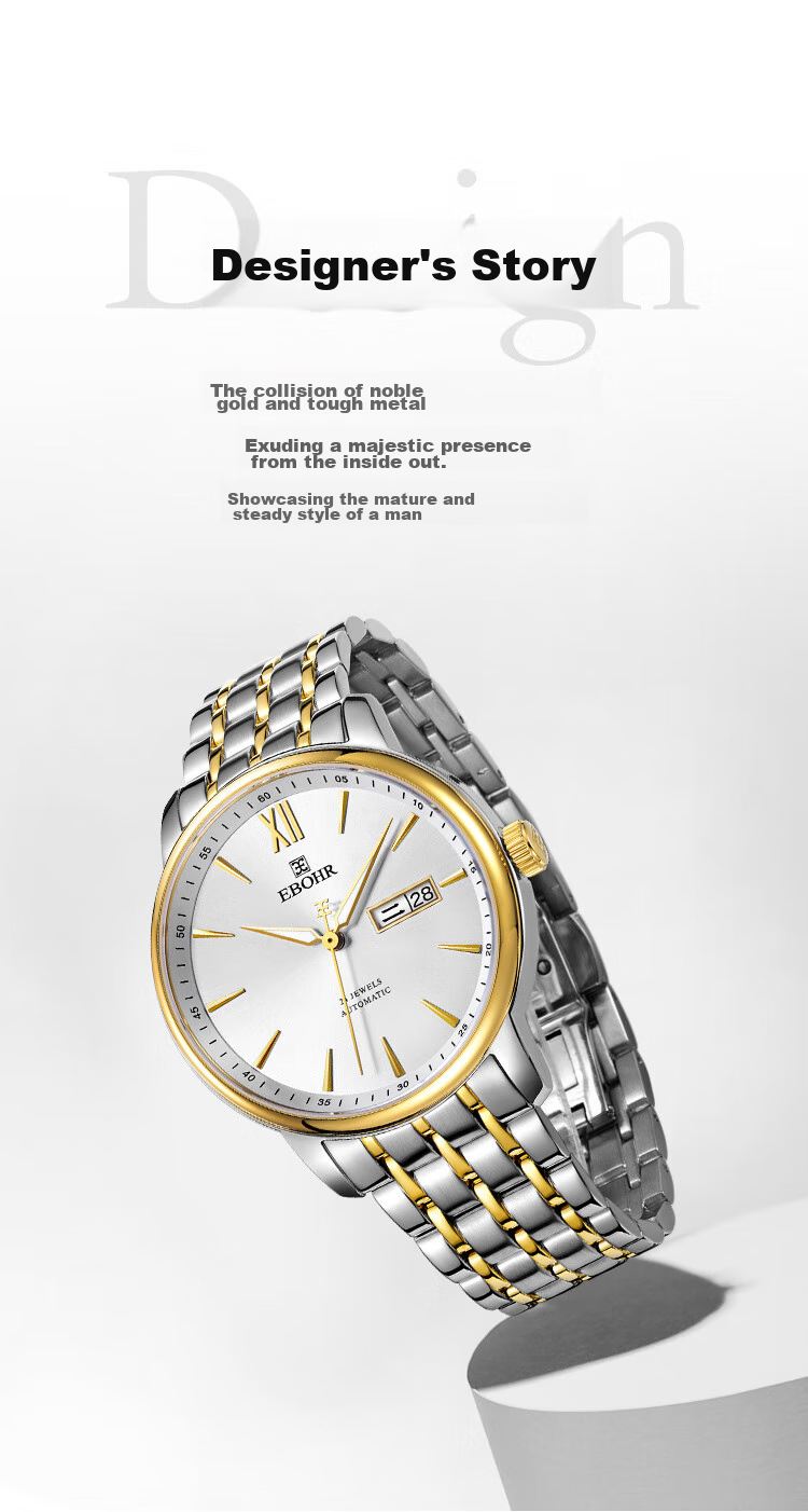 Мужские часы EBOHR Master Series 51879418 с автоматическим механическим механизмом, золотистый браслет из нержавеющей стали, водонепроницаемость 50 м, сапфировое стекло