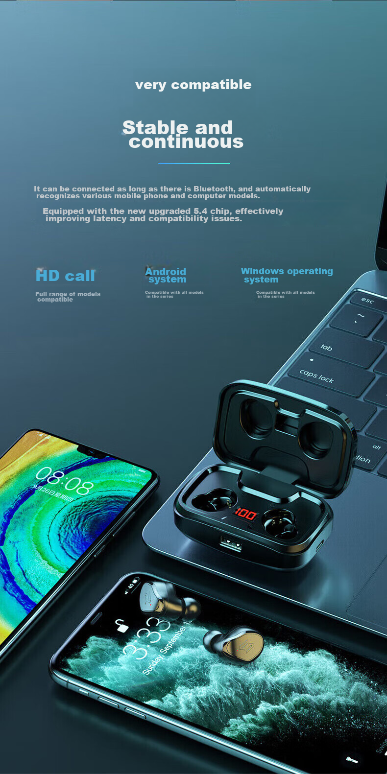 Беспроводные наушники Chuang S8 Bluetooth, спортивные, внутриканальные, с шумоподавлением, водонепроницаемые, с низкой задержкой, длительным временем автономной работы и высоким качеством звука, совместимы с Android
