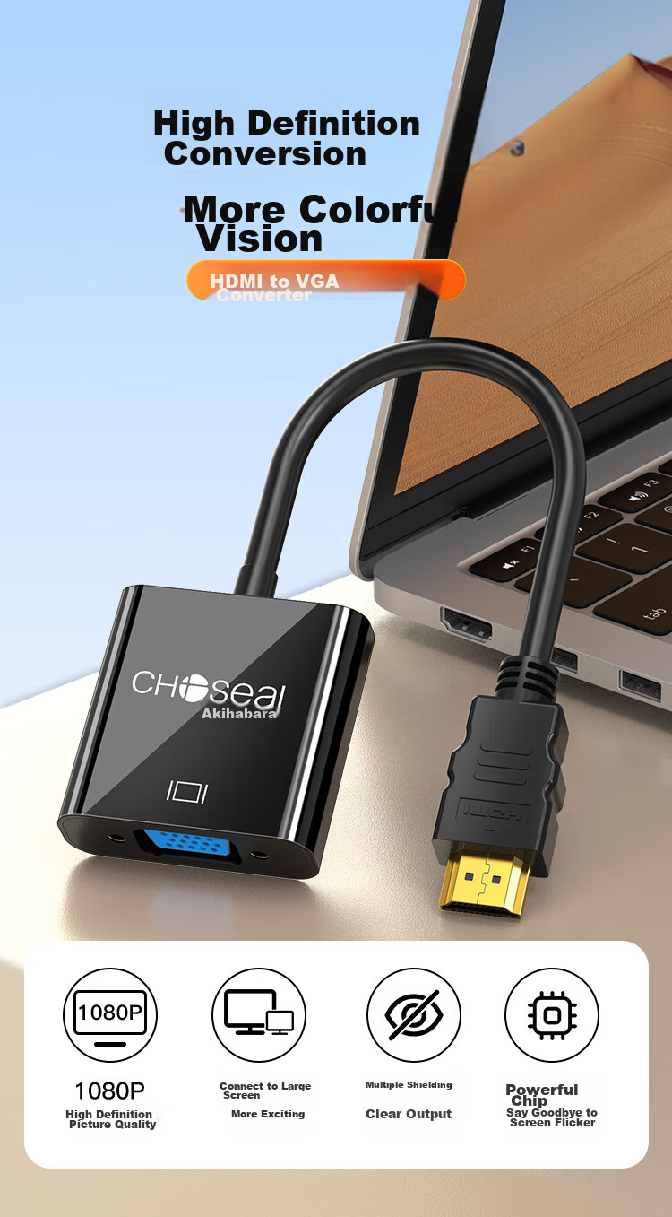 CHOOSEAL Адаптер-конвертер HDMI на VGA QS6933, для подключения компьютеров, ноутбуков, PS5, ТВ-приставок Xiaomi к мониторам и проекторам, кабель-переходник