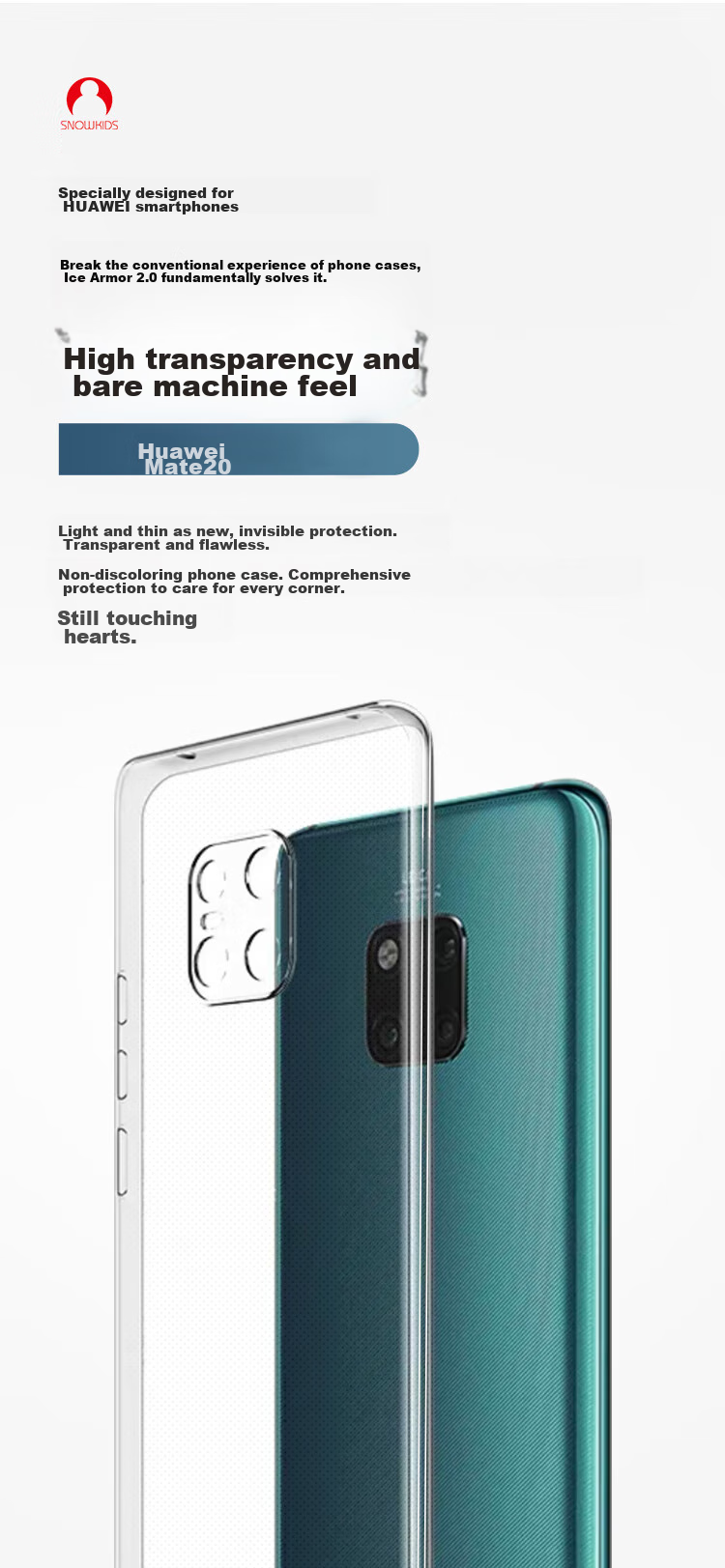 Прозрачный чехол Snowkids для Huawei Mate 20, противоударный мягкий TPU, ультратонкий, простой дизайн для мужчин и женщин