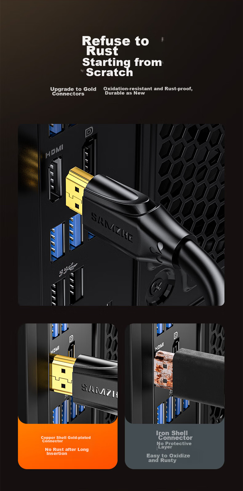 Кабель HDMI SAMZHE HG-10, версия 2.1, 1 метр, 8K 60Hz, 4K 240Hz, для ноутбука, ТВ, монитора, проектора, черный