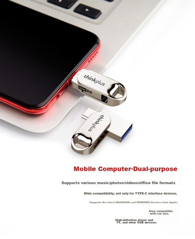 USB-накопитель ThinkPlus Lenovo 128GB Dual-Interface Metal USB Flash Drive, совместимый с телефонами и компьютерами с USB Type-C, внешний универсальный флэш-накопитель с большой емкостью, TYCU301