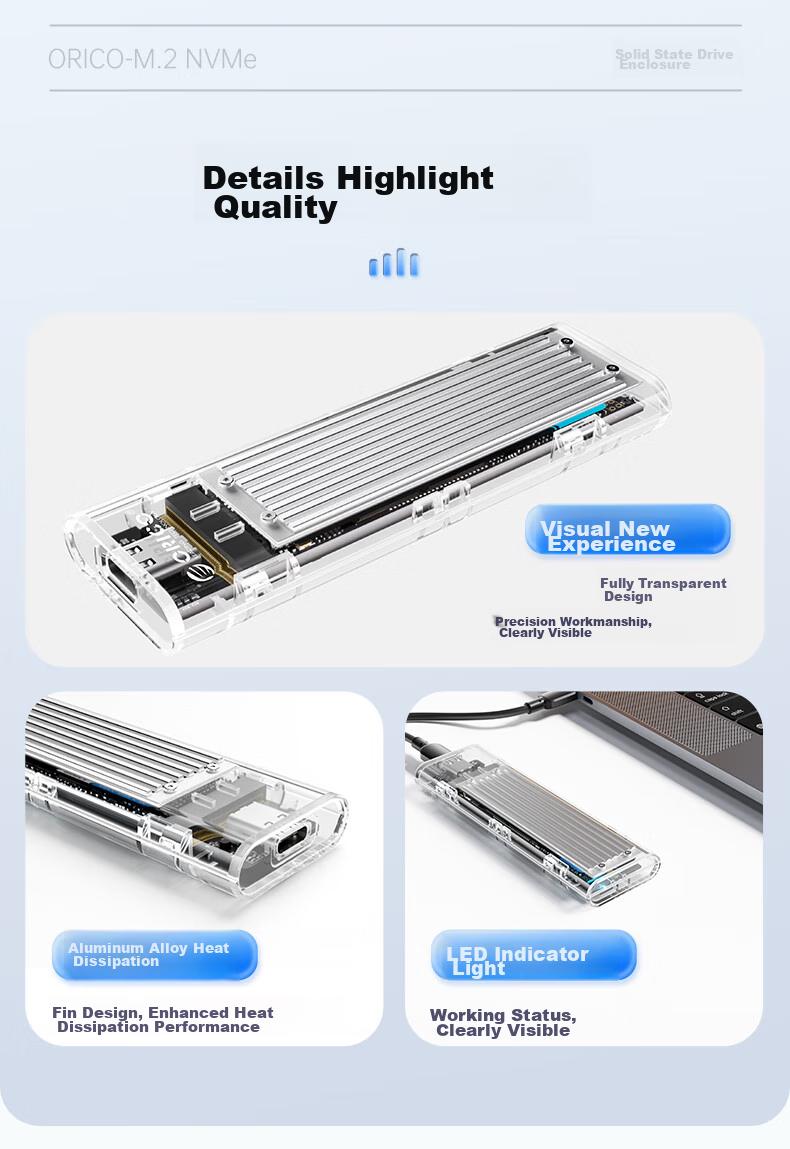 Внешний корпус ORICO TCM2-C3-SV-BP для M.2 NVMe SSD, 10 Гбит/с, USB Type-C, алюминиевый сплав, серебристый