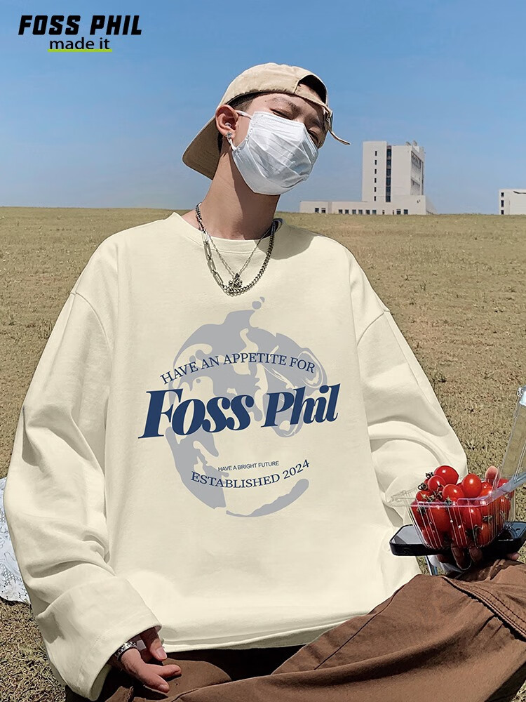 Футболка с длинным рукавом Foss Phil из чистого хлопка для мужчин, трендовая повседневная футболка оверсайз на осень, унисекс, с круглым вырезом, FPCT3, черная, XL
