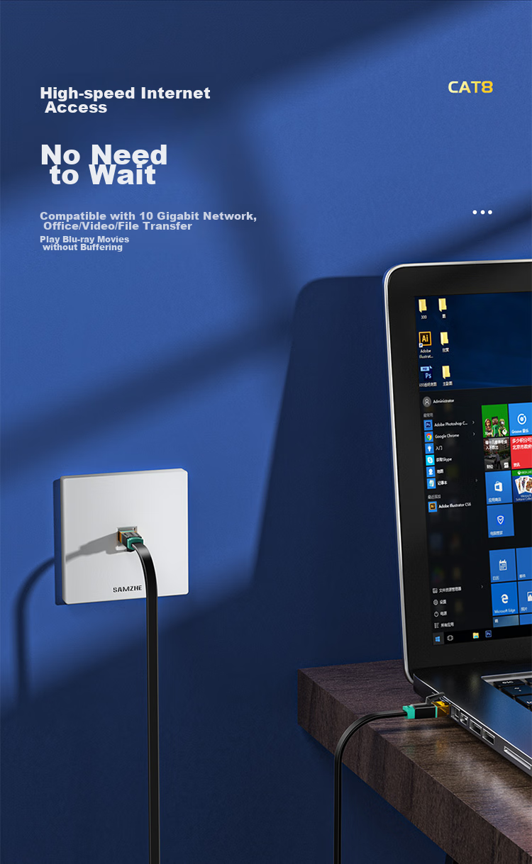 Сетевой кабель SAMZHE CAT8, 10 Gigabit Ethernet, плоский патч-корд, чистая медь, двойное экранирование, 8-жильный витой кабель, для компьютера и широкополосного подключения, черный, 2 метра, BX8020H