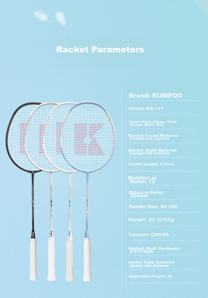 Бадминтонные ракетки KUMPOO Xunfeng K520pro, ультралегкие и прочные, для тренировок, KA-111, белый + синий