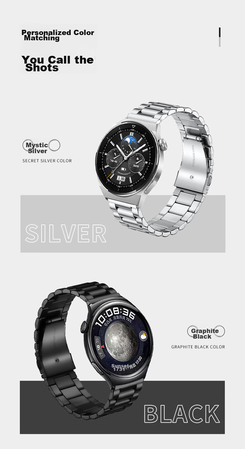 Ремешок из нержавеющей стали MSSM для Huawei Watch GT5/4/3/Watch3/Pro и Honor Magic2, трехзвенный, черный, 20 мм