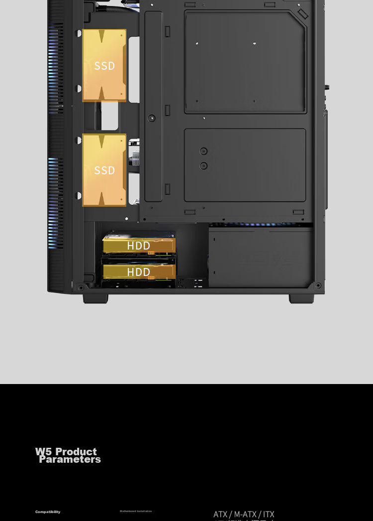Компьютерный корпус PADO W5 Black, Midi-Tower, ATX/M-ATX/Mini-ITX, Черный