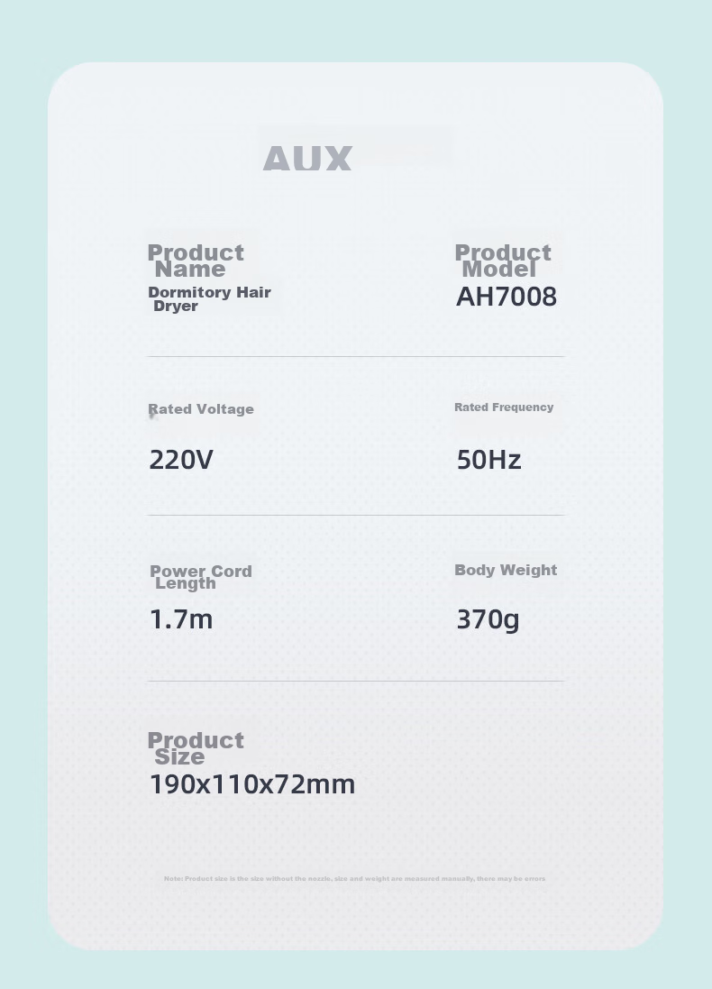 Фен AUX AH7008, 800 Вт, для студенческого общежития, портативный, бережный уход за волосами, 2 скорости, 3 температурных режима, зеленый