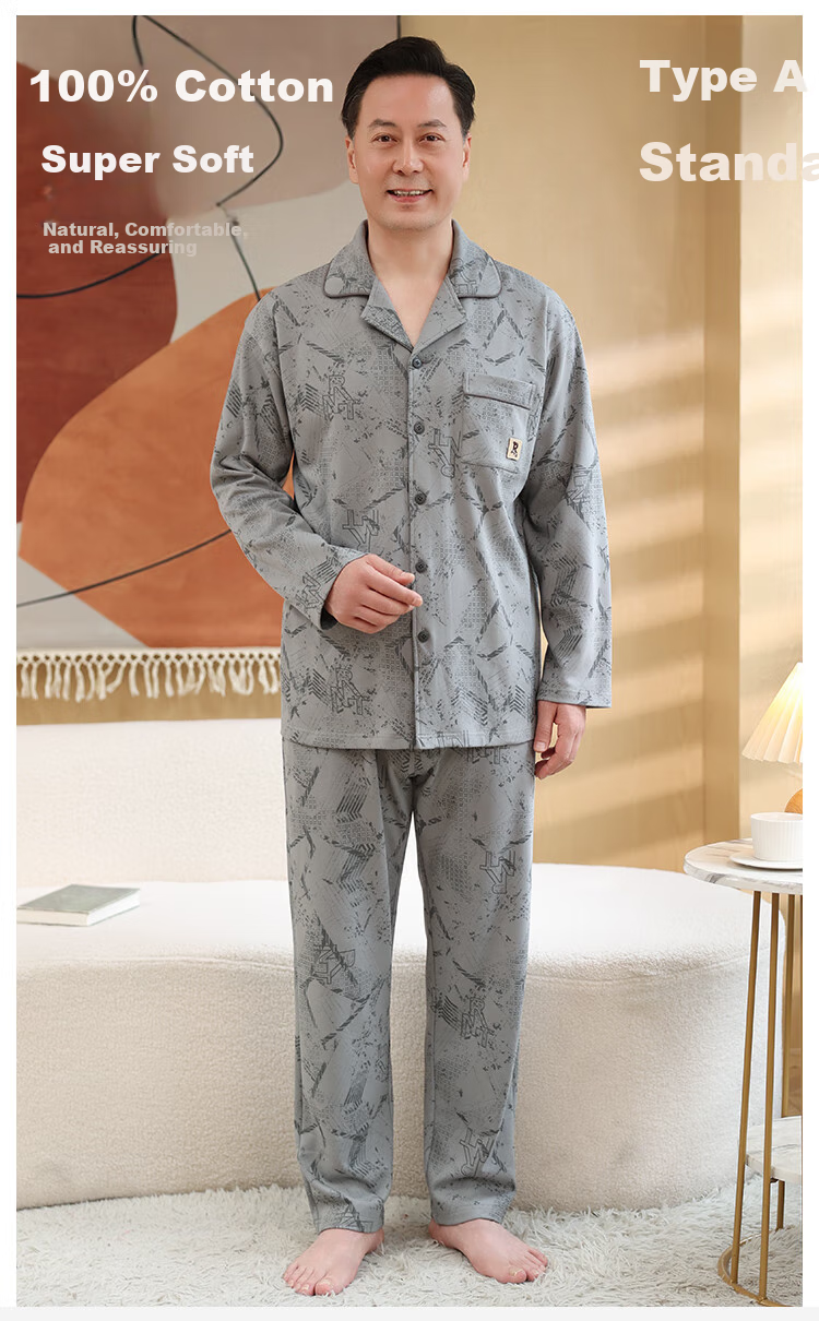 Мужская пижама LangSha, комплект из 100% хлопка, для сна и дома, осень, размер 3XL (175-200 кг), серый