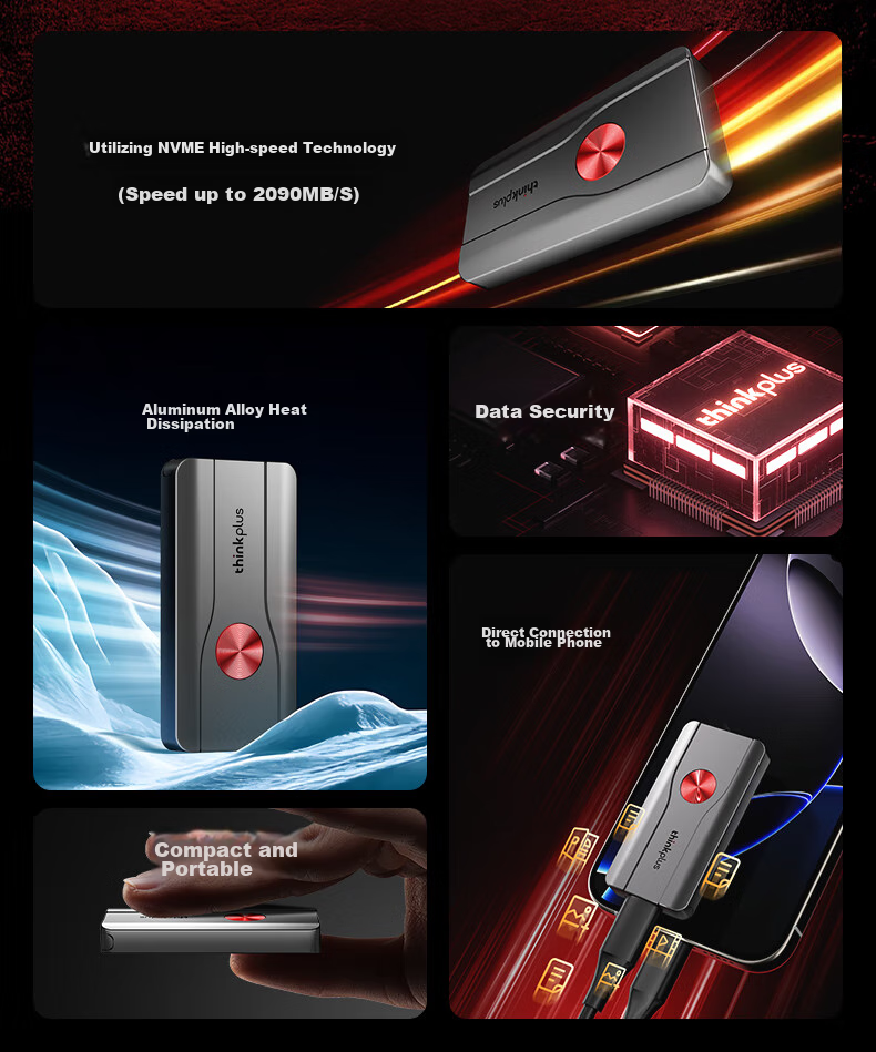 Портативный твердотельный накопитель ThinkPlus Lenovo 1TB PSSD, совместимый с компьютерами, ноутбуками и смартфонами, высокоскоростной, компактный, портативное устройство хранения данных, серия TSD301