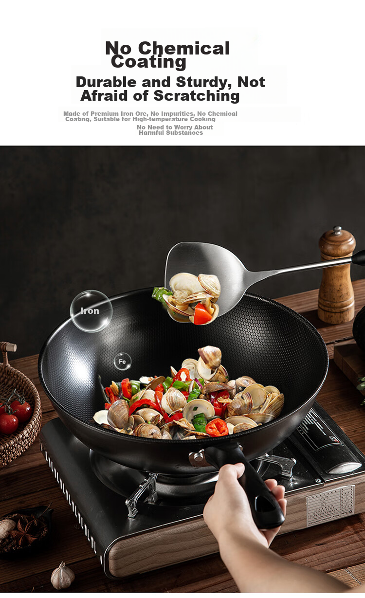 Сковорода MAXCOOK Wok, чугунная, 30 см, без покрытия, с крышкой, для газовых и индукционных плит