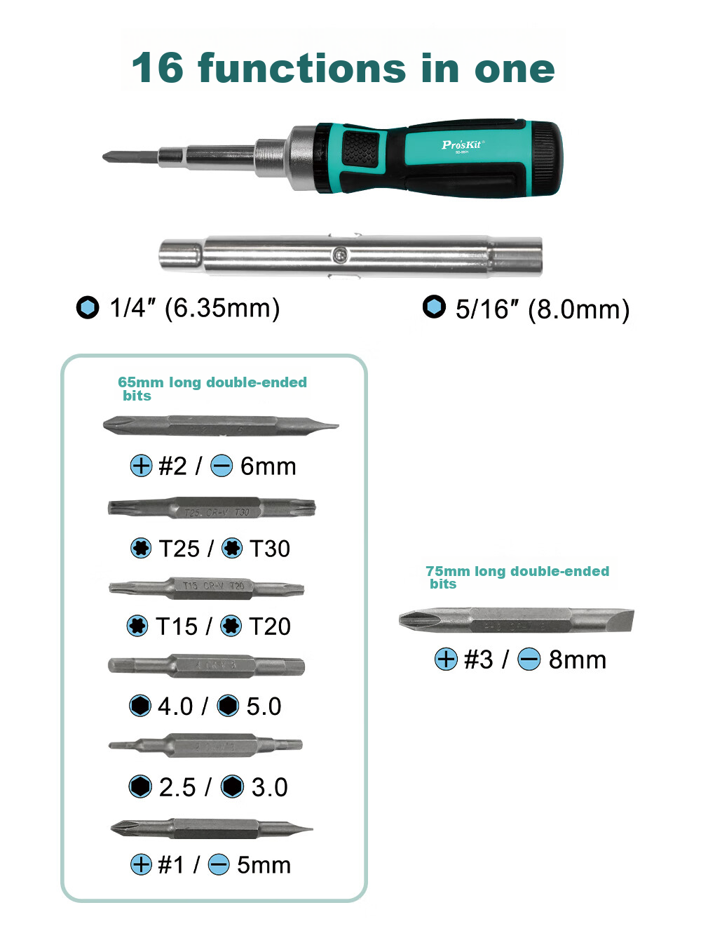 Набор отверток Pro'sKit SD-9821, 16 предметов, трещоточный механизм