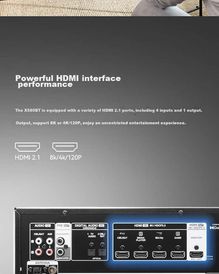 AV-ресивер DENON AVR-X580BT, 5.2-канальный, 8K, Dolby, DTS, Bluetooth, USB, черный