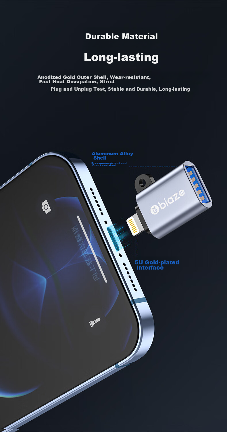 Адаптер BIAZE Apple OTG, конвертер Lightning на USB 3.0, поддержка внешних накопителей, клавиатур, мышей, камер для iPad и iPhone