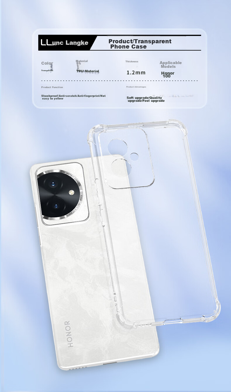 Чехол для телефона LLUNC для Honor 100, защита всех линз, противоударные уголки с воздушной подушкой, ультратонкий прозрачный мягкий чехол из ТПУ, простой модный дизайн для мужчин и женщин