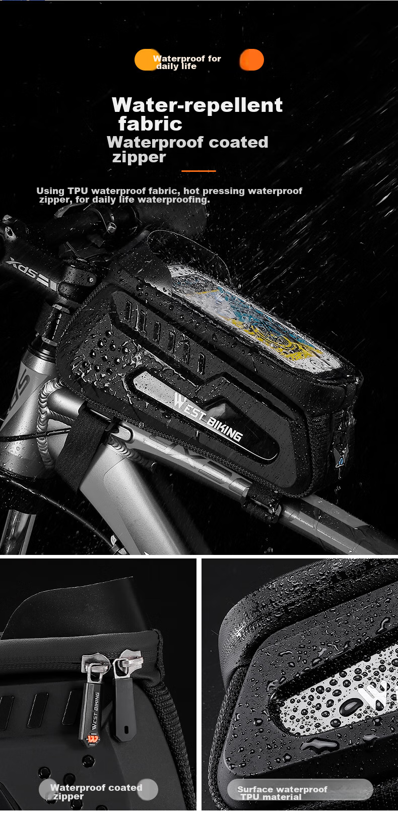 Велосипедная сумка WestBiking на руль, водонепроницаемая, с сенсорным экраном, для смартфона до 7.4 дюймов, 2л, черная