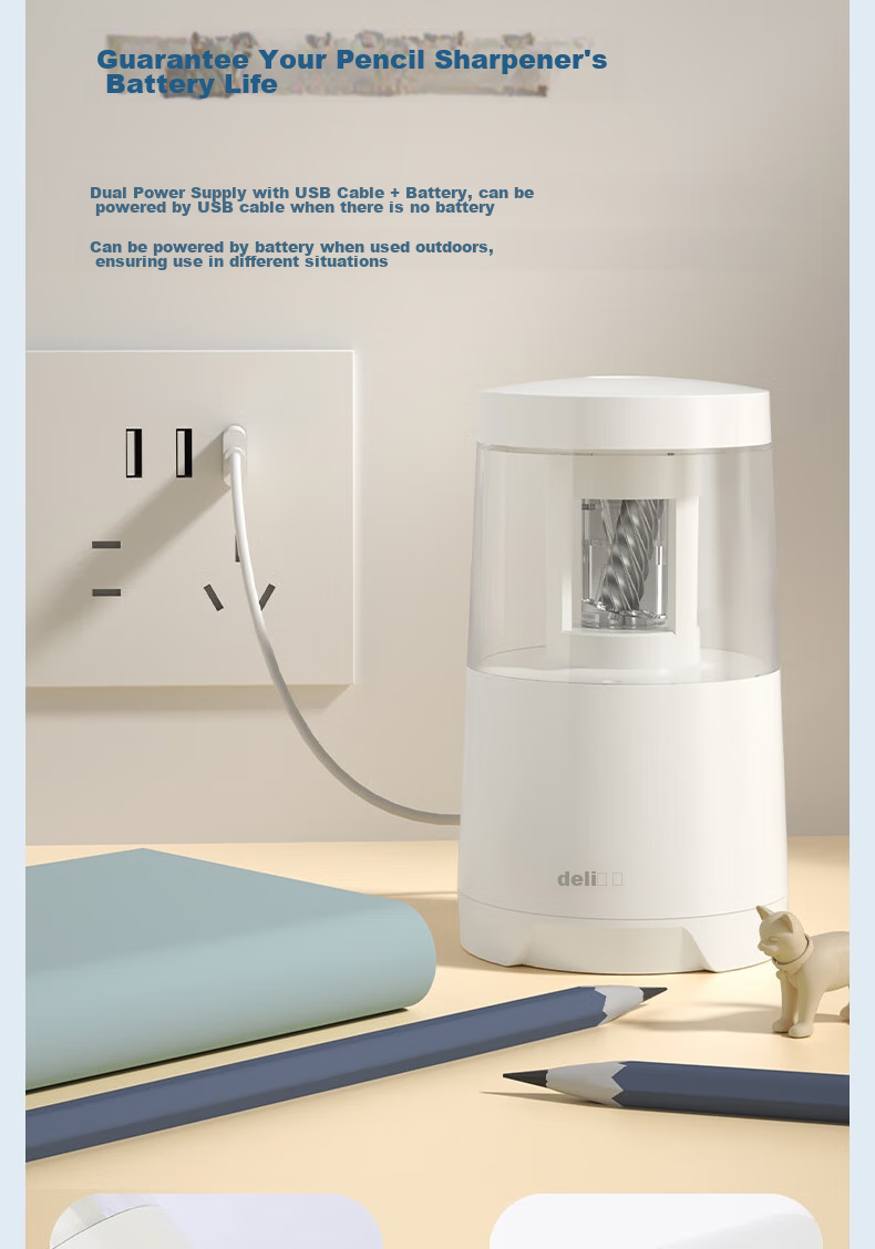 Электрическая точилка для карандашей Deli, двойное питание (батарейки/USB), автоматическое удаление стержня, белая