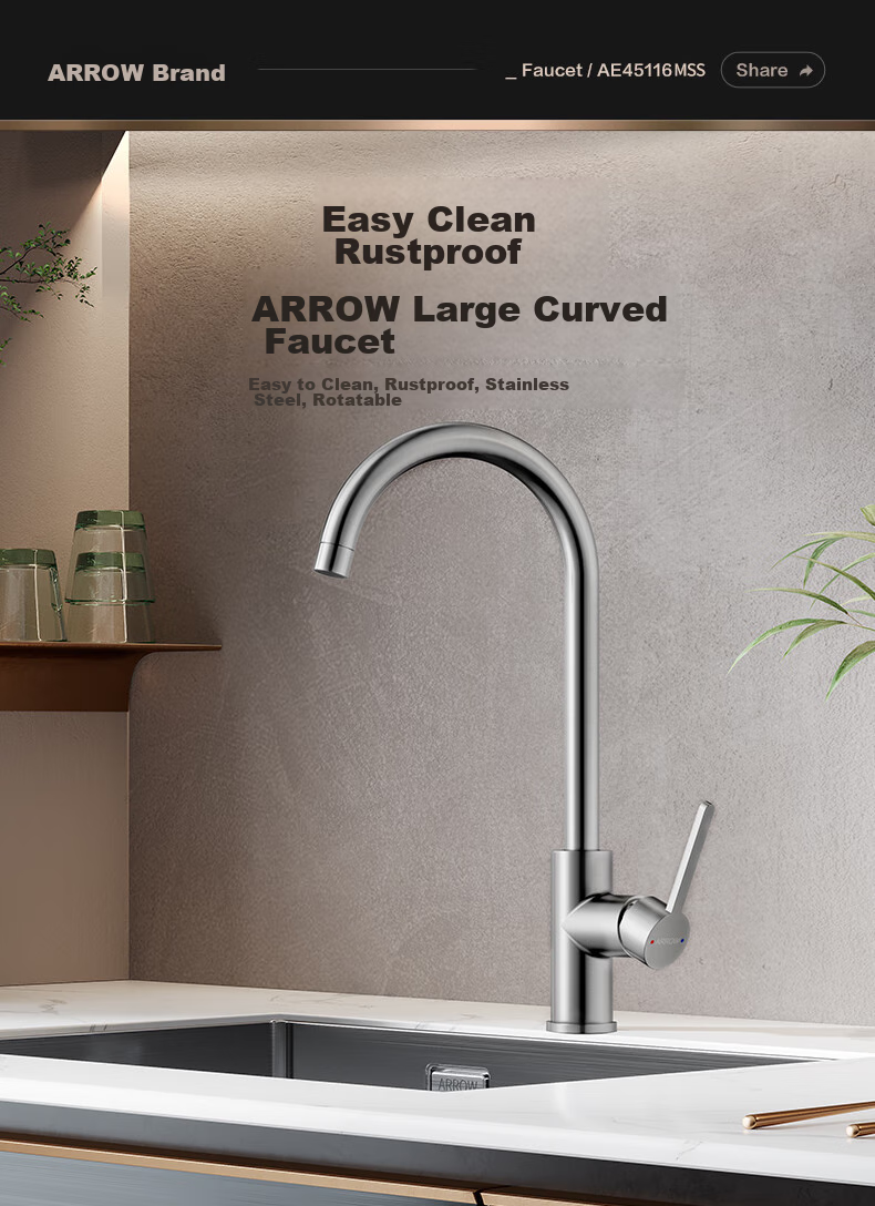 Смеситель ARROW AE45160SS для кухни, однорычажный, из нержавеющей стали SUS304, с поворотом на 360 градусов, хромированная поверхность, 2-й класс водоэффективности