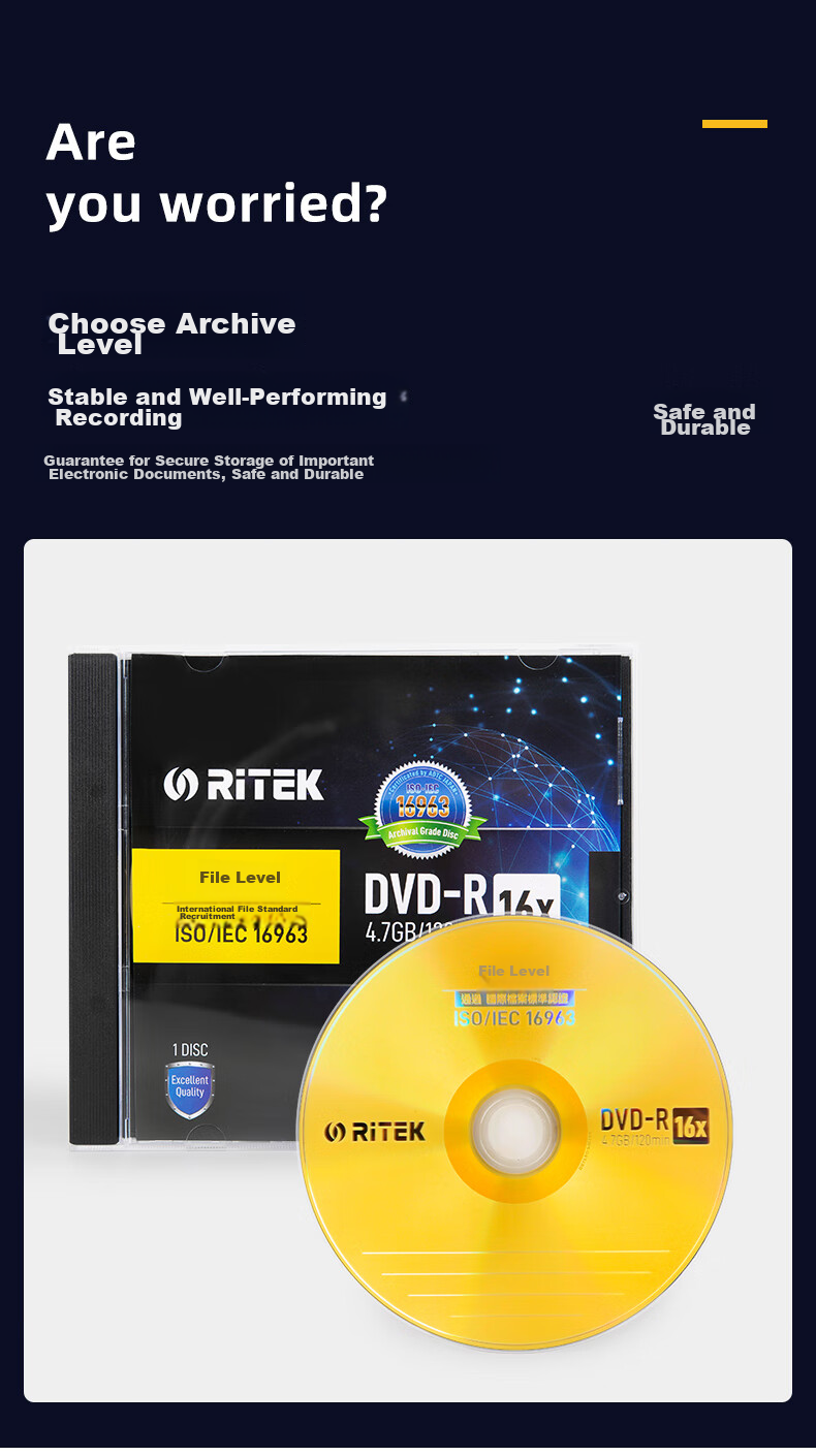 DVD-R RITEK 16X 4.7GB, 1 шт., для архивирования данных, сертификация ISO/IEC 16963
