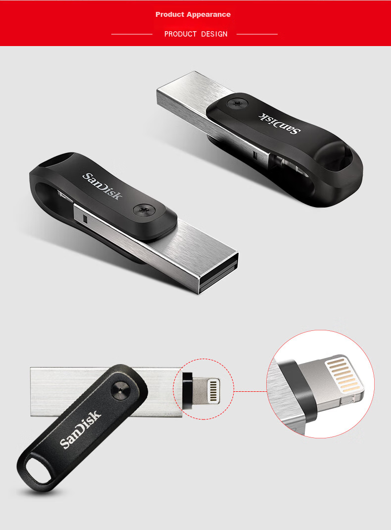 USB-флеш-накопитель SanDisk 256GB Lightning, USB 3.0, Apple MFI Certified, для iPhone/iPad, двойного назначения для мобильных телефонов и компьютеров