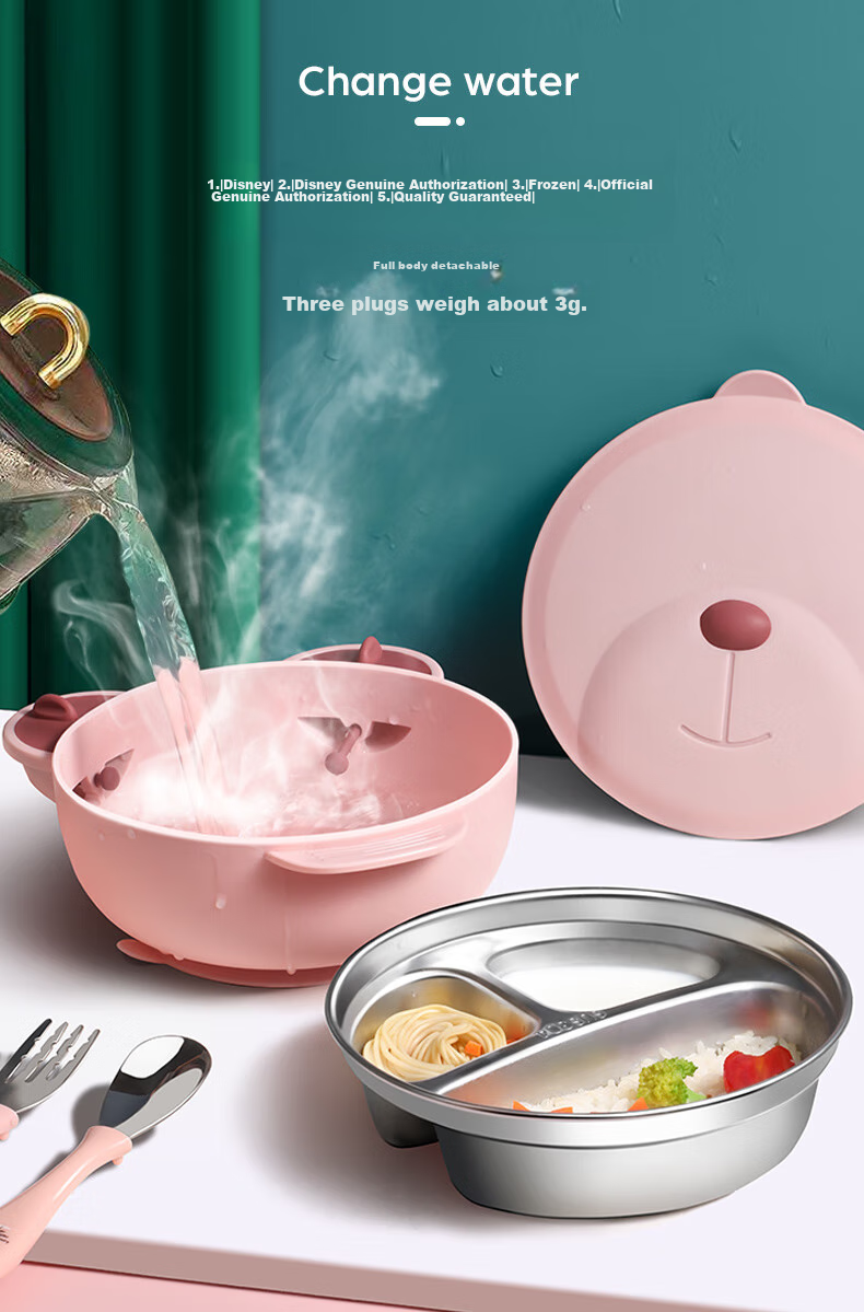 Детская тарелка COOKSS, 316 нержавеющая сталь, с присоской, для кормления младенцев, с вилкой и ложкой, 550 мл, голубой