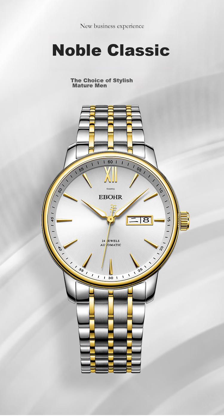 Мужские часы EBOHR Master Series 51879418 с автоматическим механическим механизмом, золотистый браслет из нержавеющей стали, водонепроницаемость 50 м, сапфировое стекло