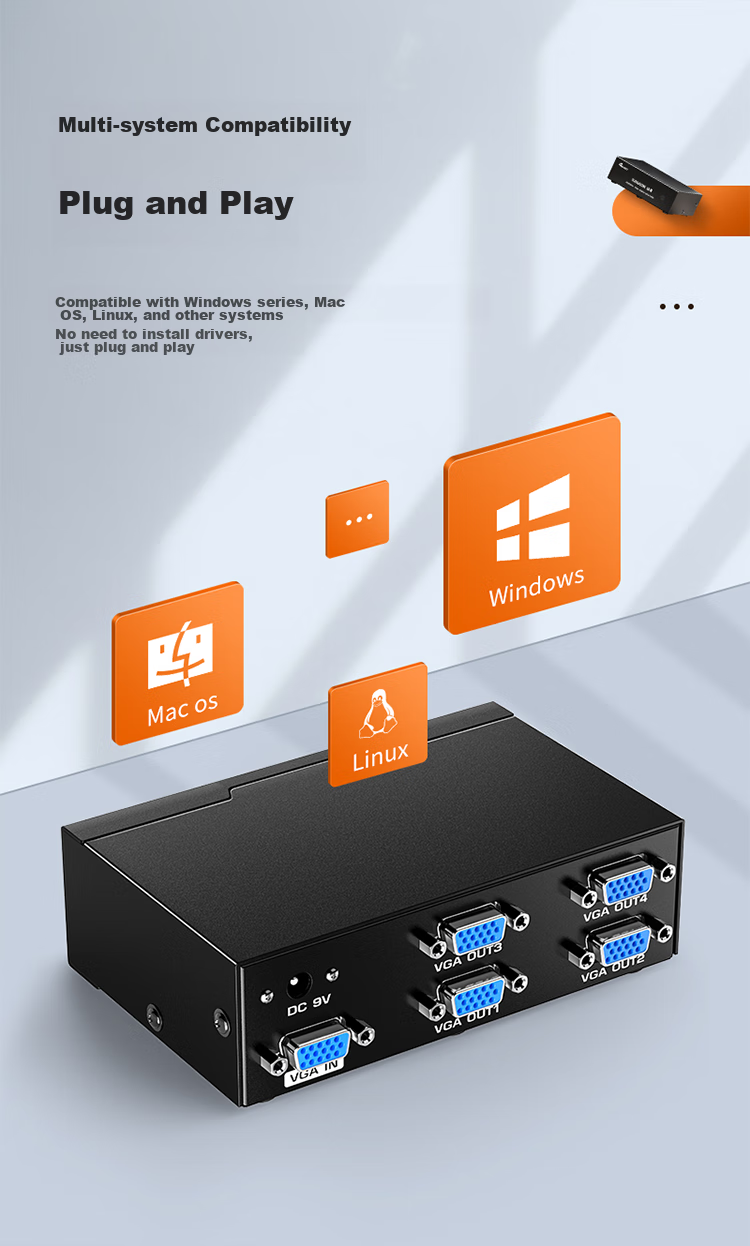 Разветвитель VGA SAMZHE HV-802W, 1 вход / 2 выхода, 250 МГц, поддержка HD 1080P, металлический корпус, черный