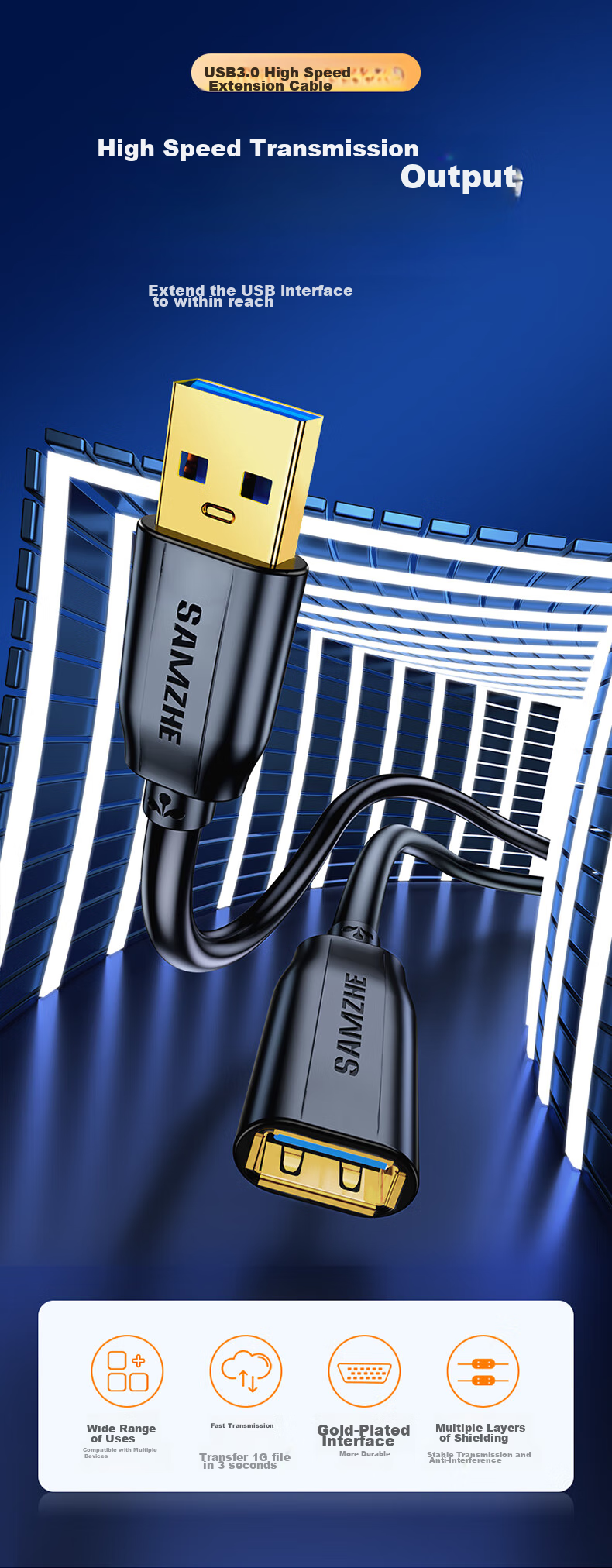 Кабель-удлинитель SAMZHE USB 3.0, 3 метра, штекер-гнездо, для подключения к телевизору, USB-накопителю, мыши, клавиатуре, жесткому диску компьютера, адаптер-разветвитель UK-030
