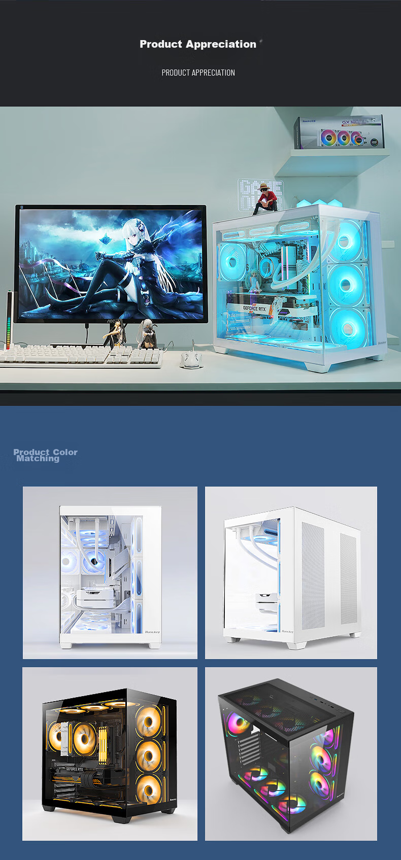 Корпус Huntkey S980 White Panoramic Edition Seaside View, ATX, mATX, Mini-ITX, белый, стекло, 160 мм, 400 мм