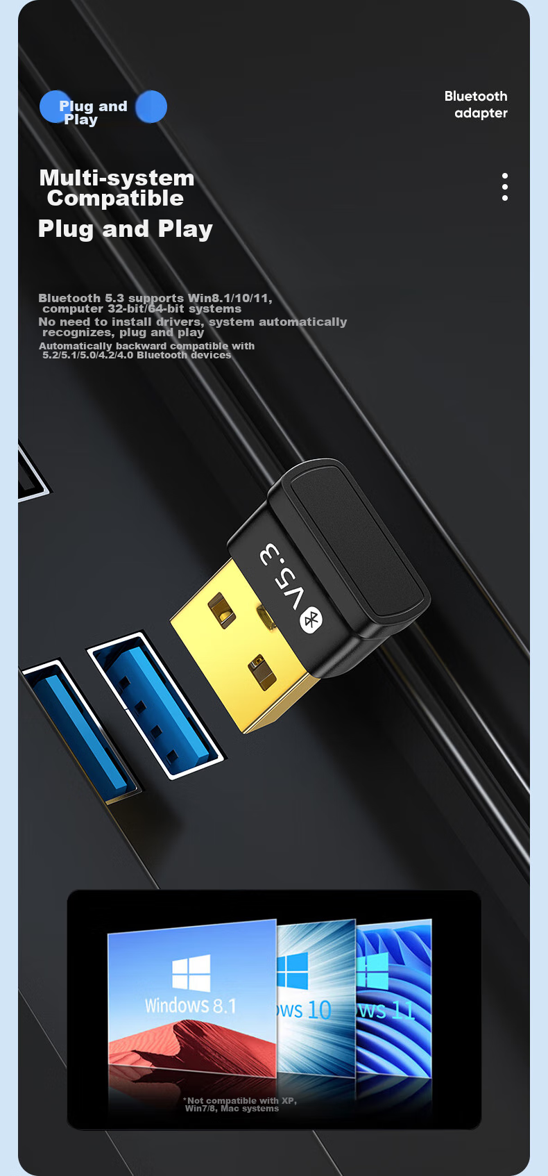 Bluetooth-адаптер BIAZE USB 5.3, приемник и передатчик Bluetooth, Plug and Play, для ноутбуков и настольных компьютеров, подключается к клавиатуре, мыши, внешним динамикам, беспроводным наушникам Bluetooth