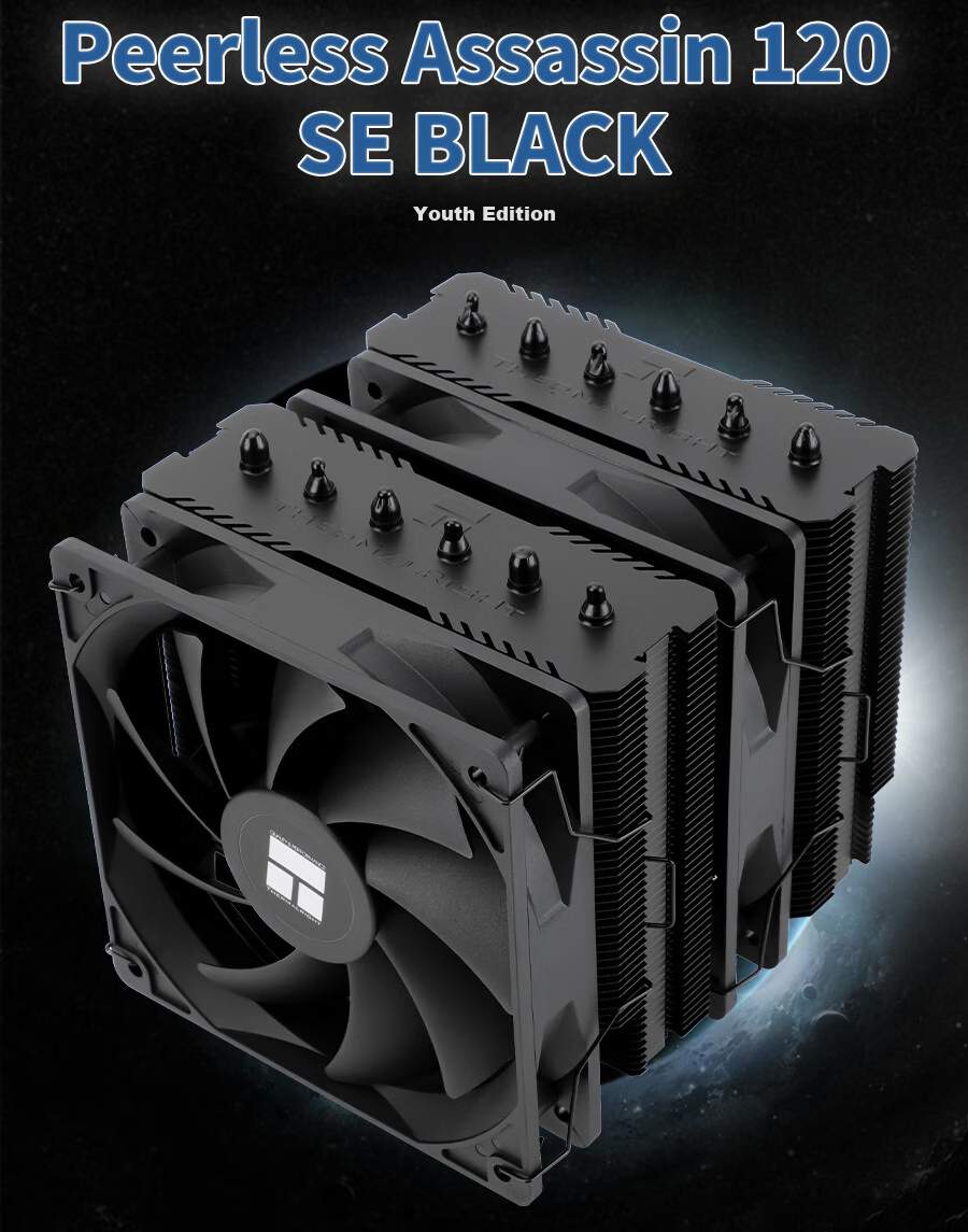 Кулер для процессора Thermalright Peerless Assassin 120 SE BLACK, воздушное охлаждение, 6 тепловых трубок, двойные башни, вентиляторы 120 мм, высота 155 мм, черный