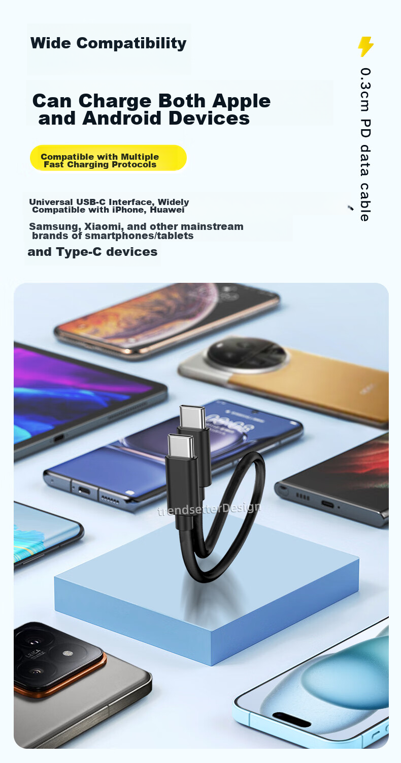 Кабель Yingqian Type-C - Type-C, 30 см, 65 Вт, черный. Совместим с Samsung S24/S23/Ultra/S22/S21/S20/ZFlip/Note20 A54.