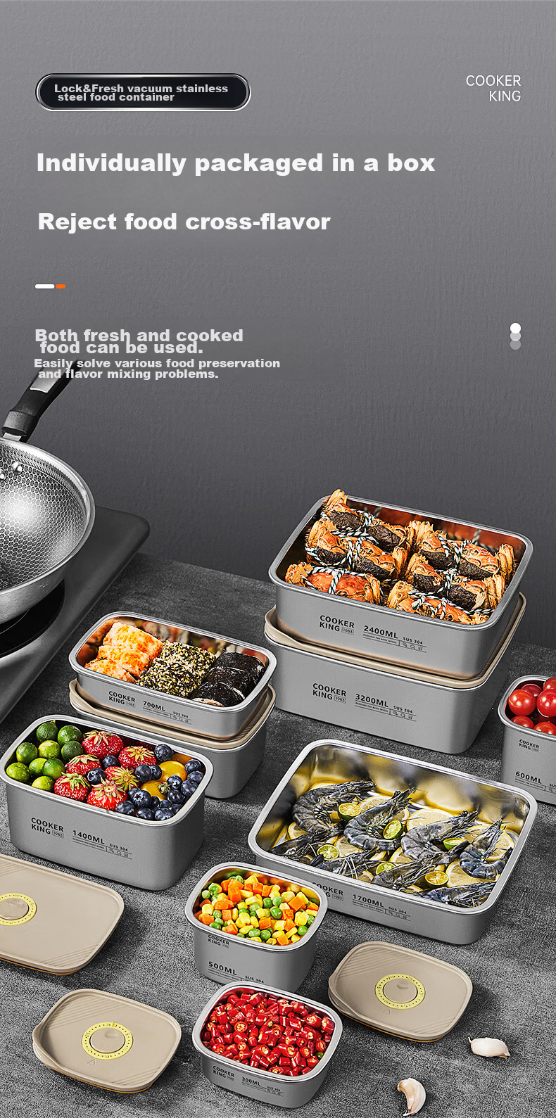 Контейнер для хранения еды COOKER KING из нержавеющей стали 304, вакуумный, герметичный, 1100 мл