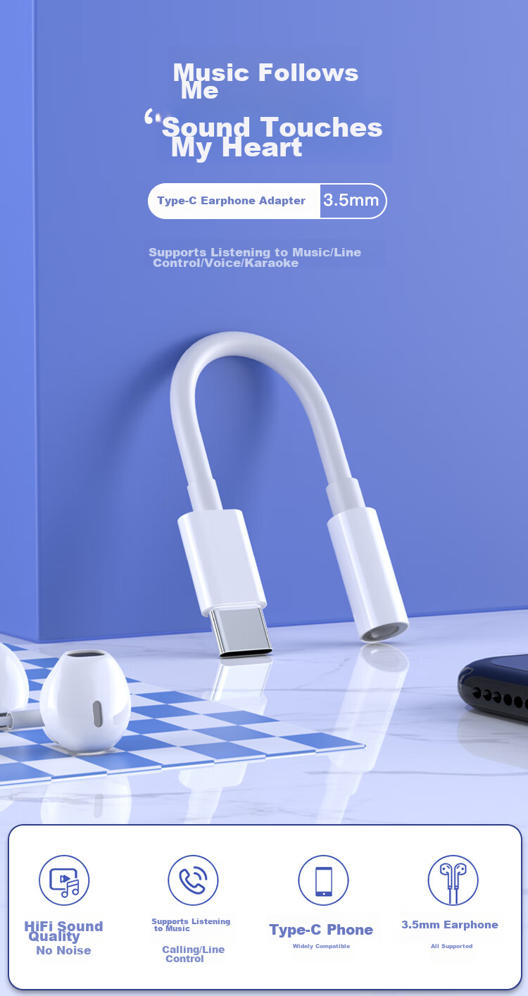 Адаптер KOVOL Type-C на 3.5 мм для наушников, аудиокабель USB-C, конвертер для iPhone 16/15, iPad, Huawei Mate60Pro, Xiaomi Vivo