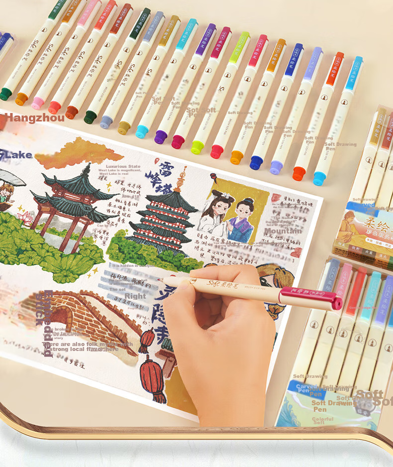 Набор фломастеров-кистей Dian Shi, 6 цветов, Jinling, для каллиграфии и рисования