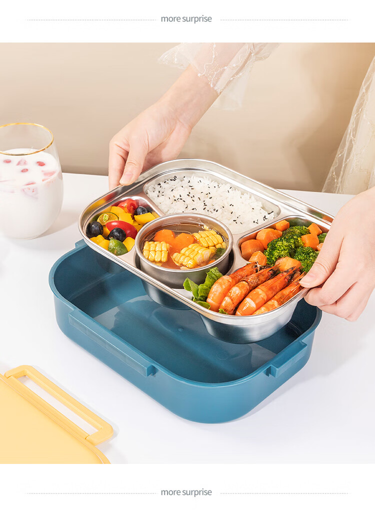 Ланч-бокс MAXCOOK 316L из нержавеющей стали, 5 отделений, с вилкой и ложкой, 1.6 л, синий