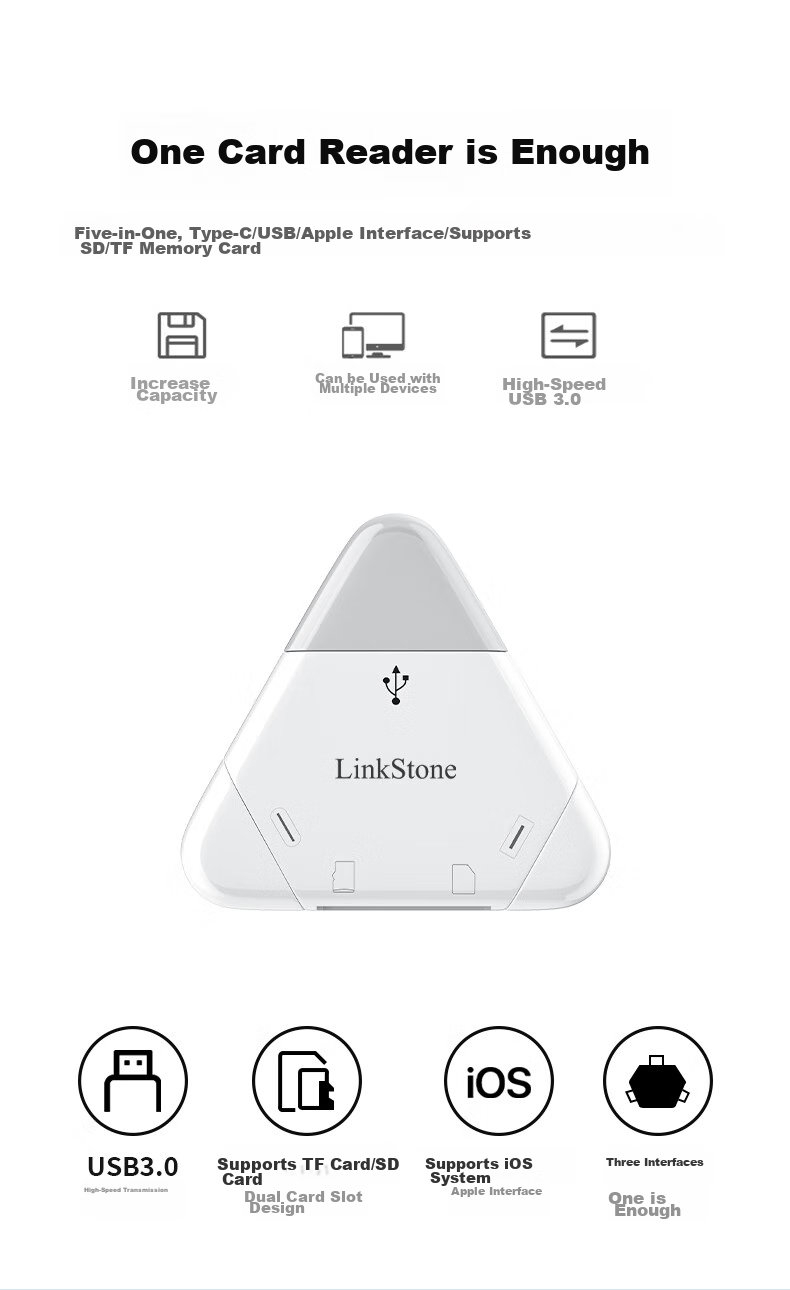 Кардридер LinkStone USB 3.0 OTG, с поддержкой Lightning/Type-C/USB, для карт SD/TF, для планшетов Android, смартфонов, камер, систем видеонаблюдения и дронов
