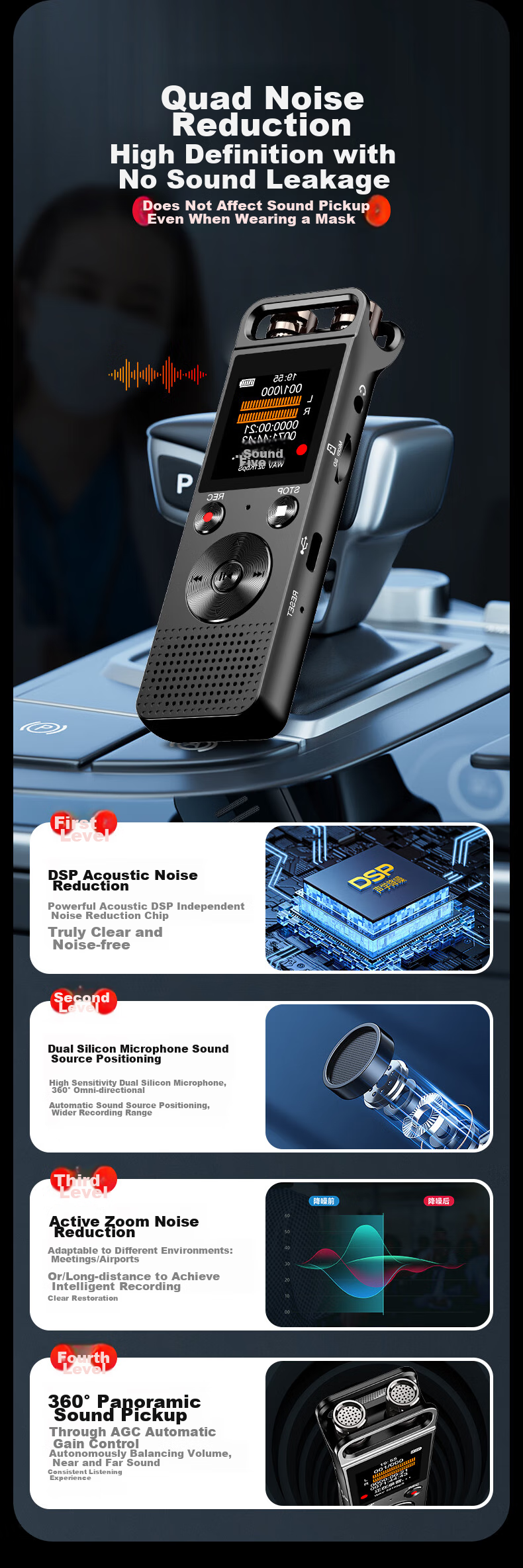 Диктофон NINTAUS R77, 64 ГБ, с шумоподавлением, записью голоса в текст, черный