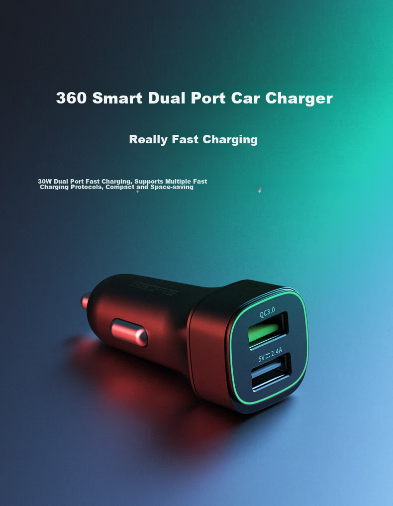 Автомобильное зарядное устройство 360 C5, двойной порт, умная защита, 30 Вт, USB-A, QC3.0, AFC, FCP