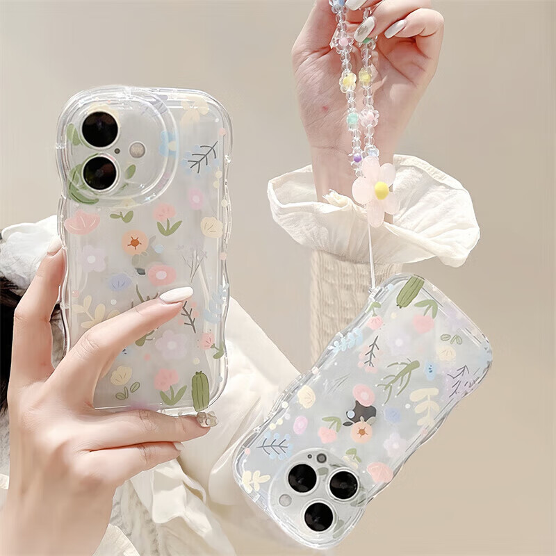 Чехол для iPhone 17 Jiangming, противоударный с защитой камеры и браслетом, прозрачный цветочный узор
