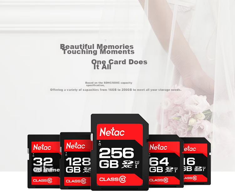 Карта памяти Netac 256GB SD U1 C10, скорость чтения до 90 МБ/с, для фото- и видеосъемки в Full HD, для цифровых камер и видеокамер