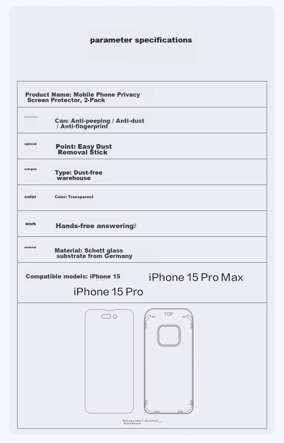 Защитная пленка для экрана JD Jingxuan, 2 шт., для Apple iPhone 15 Pro Max, из закаленного стекла Schott, с защитой конфиденциальности