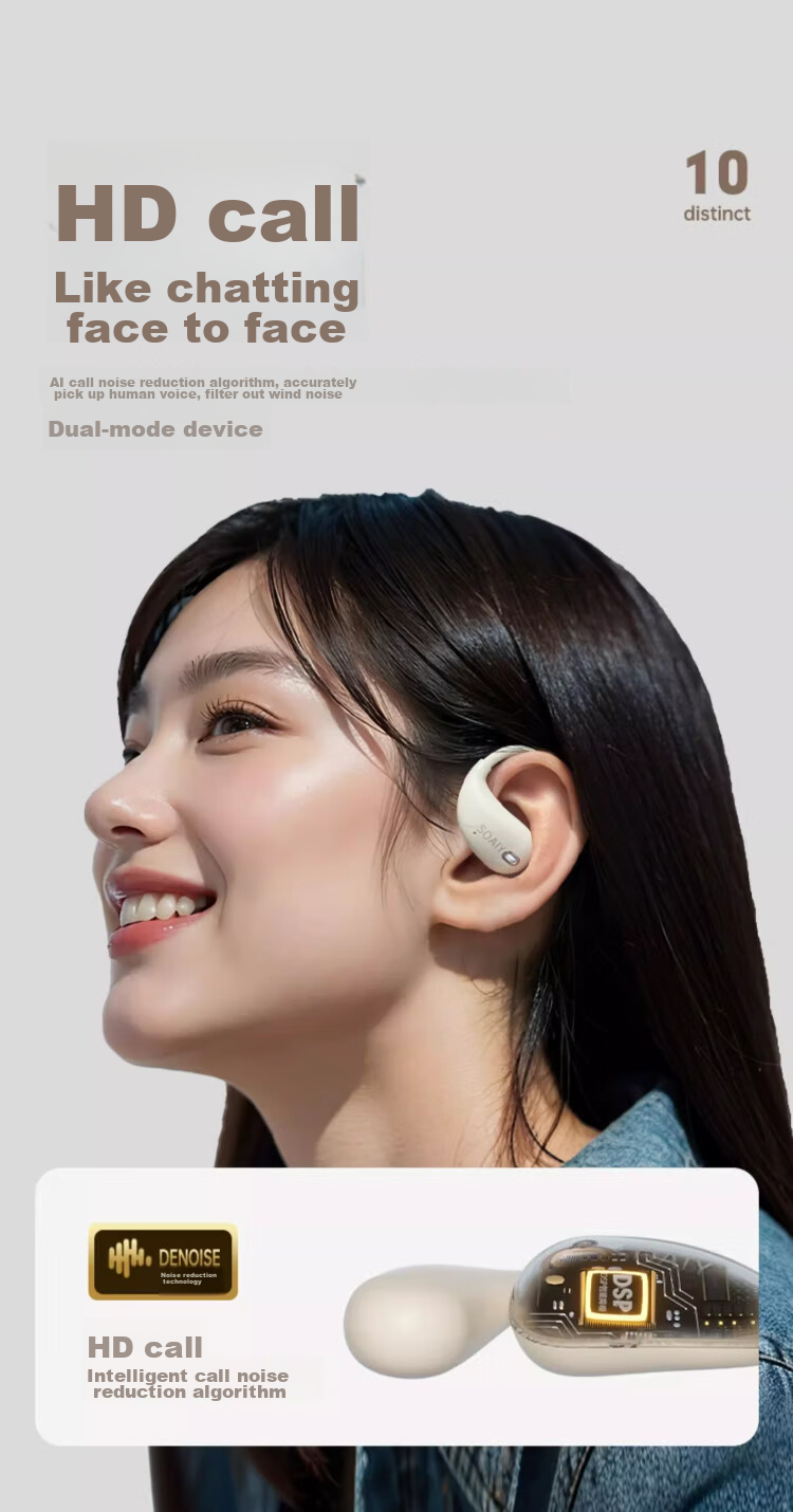 Беспроводные наушники Soaiy GD31 с открытым ушным крючком, True Wireless, долгая автономная работа, защита от шума, для бега, музыки, звонков, совместимы с телефонами Apple, Huawei, Xiaomi, цвет Золотая Пудра
