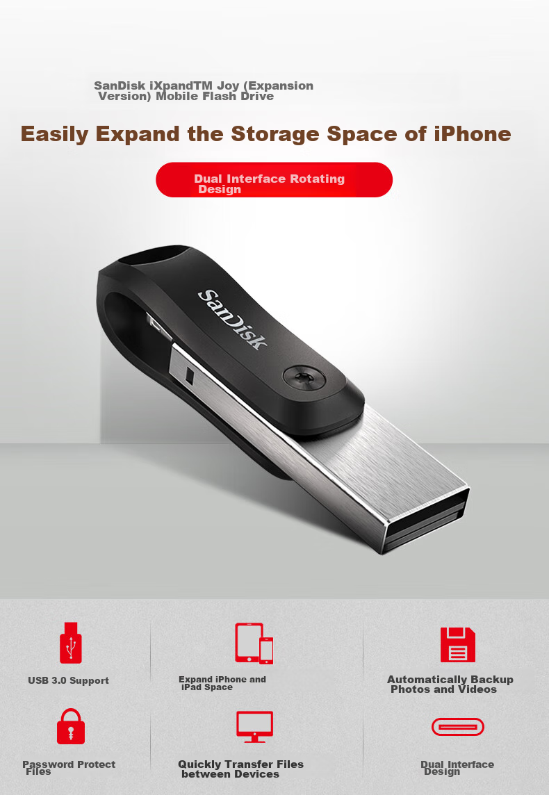 USB-флеш-накопитель SanDisk 256GB Lightning, USB 3.0, Apple MFI Certified, для iPhone/iPad, двойного назначения для мобильных телефонов и компьютеров