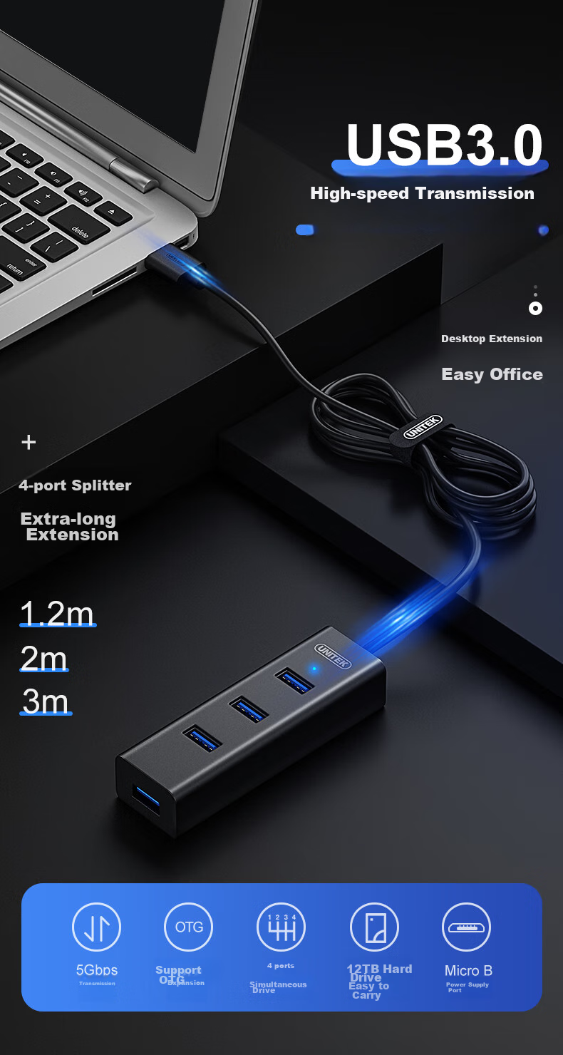 USB-хаб UNITEK Y-3089ABK, 4 порта USB 3.0, кабель 1.2 м, черный