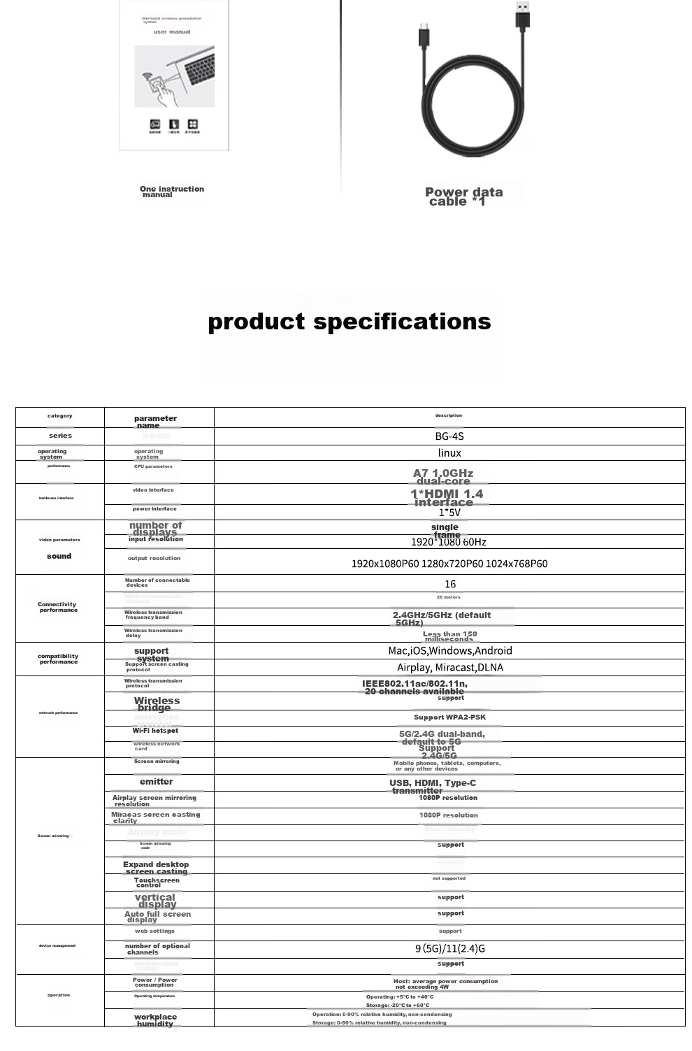 BOEGAM BG4S HDMI Комплект для беспроводного дублирования экрана, устройство для передачи экрана высокой четкости, для офиса и дома, совместимо с телефонами Apple, Android, Huawei для подключения к телевизору, монитору, проектору
