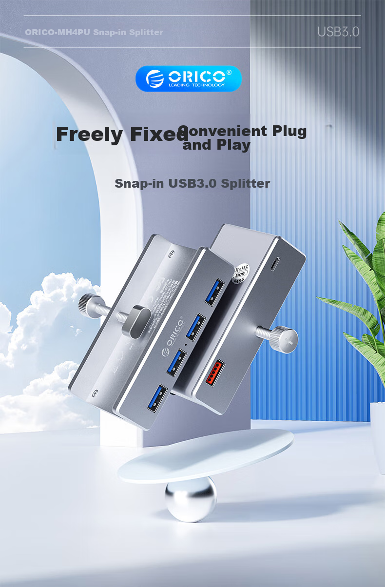 USB-хаб ORICO MH4PU-P, 4 порта USB 3.0, алюминиевый корпус, серебристый
