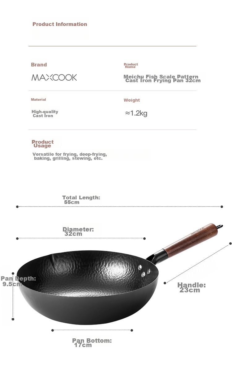 Чугунная сковорода-вок MAXCOOK, 32 см, с узором "рыбья чешуя", подходит для газовых и индукционных плит, без покрытия MCC9977